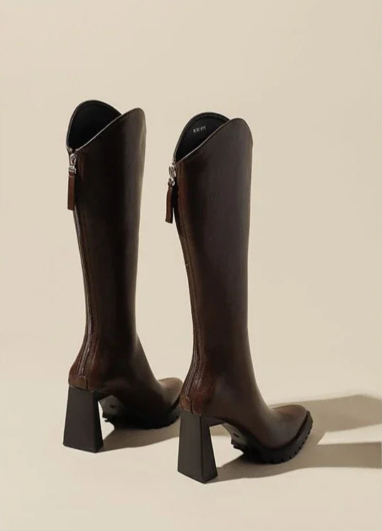 Elegant Heeled Women's Long Boots High Heels Leather Brown Ladies Knee Shaft Shoes Pointed Toe Waterproof Y2k Chic New Rock Work