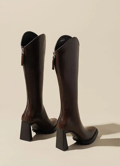 Elegant Heeled Women's Long Boots High Heels Leather Brown Ladies Knee Shaft Shoes Pointed Toe Waterproof Y2k Chic New Rock Work