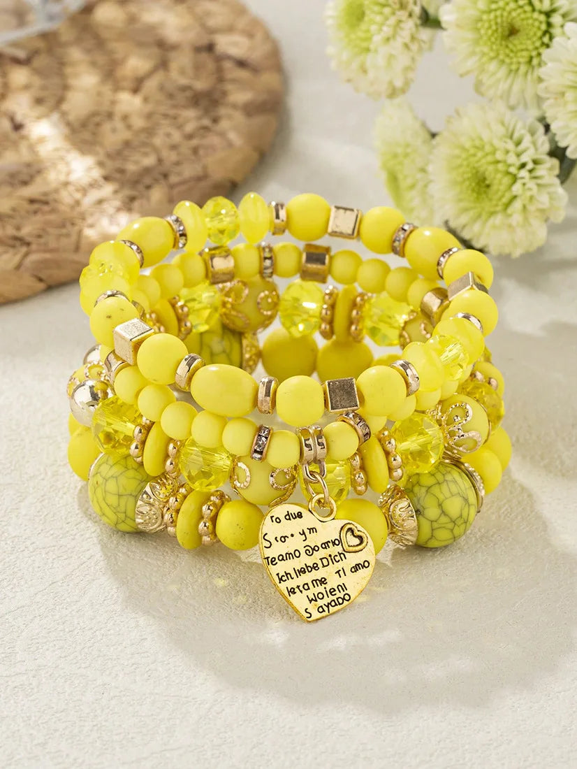 4Pcs Boho Crystal Beads Chain Bracelet Set For Women Vintage Heart Charm Elastic Bangle Female Fashion Party Jewelry