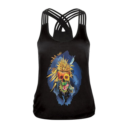 EtherealBe Halloween graphic workout tank tops for women with unique skull and flower design