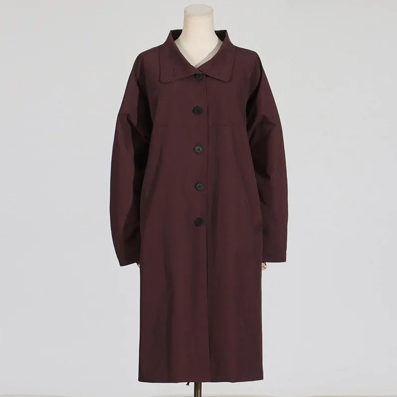EtherealBe simple style long sleeve trench coat in deep burgundy with a relaxed fit and button closure
