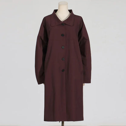 EtherealBe simple style long sleeve trench coat in deep burgundy with a relaxed fit and button closure
