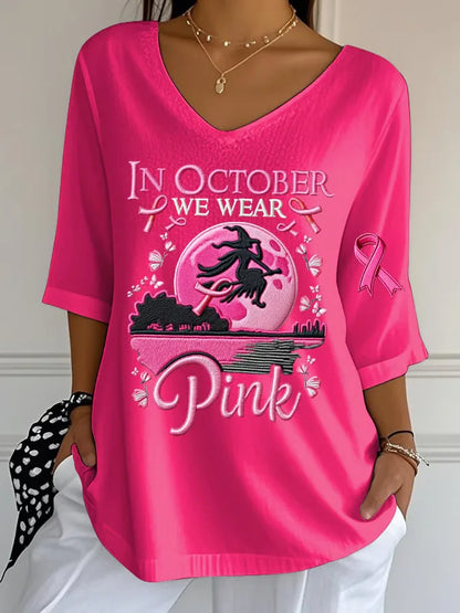 EtherealBe women's Halloween graphic t-shirt in pink with October theme and awareness ribbon