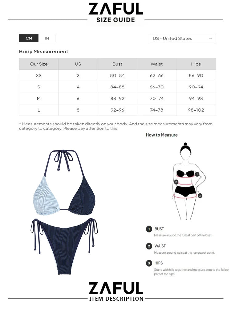 ZAFUL Women's Backless Triangle Swimsuit Halter Top High Cut Thong Bikini Set Textured Tie Side Bathing Suit Solid Swimwear 2024