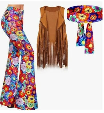 EtherealBe women's hippie disco costume set featuring colorful bell-bottoms, a fringed vest, and a floral headband