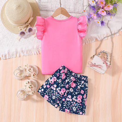 Kids Clothes Sets For Girls Pink Graffiti Print Fly-Sleeve Clothes And Print Shorts Children's Fashion 2PCS For Girls 4-7 Years