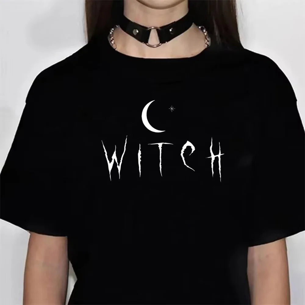 Black Halloween witch shirt women with spooky lettering and crescent moon design