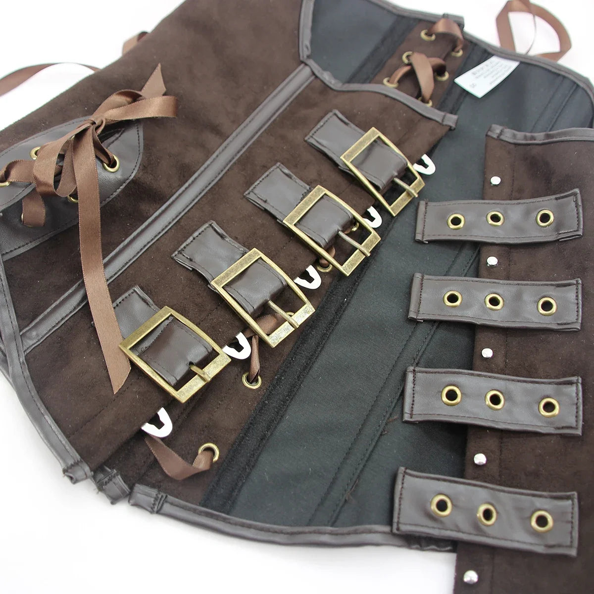 Brown Suede Corset Top with PU Leather Gothic Steampunk Bustier Lace Up Slim Waist Shapewear Women Halloween Cosplay Costume