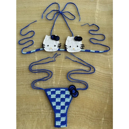 Cute Crochet Bikini Set 2 Pieces Lady's Bathing Suits Sexy Micro Bikinis Ties Swimsuit Thong Swimwear Kwaii Womens Swimming Suit