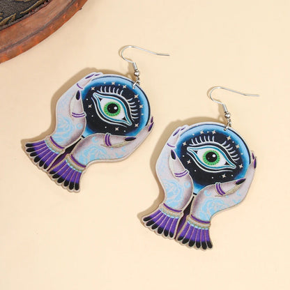 EtherealBe Halloween devil eye earrings featuring colorful hand designs with an eye motif