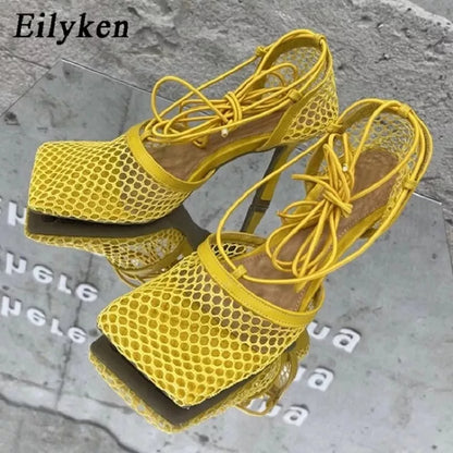 Eilyken 2023 New Sexy Mesh Pumps Sandals Female Square Toe High Heel Lace Up Cross-Tied Stiletto Hollow Shoes