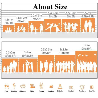 EtherealBe Halloween photo backdrop size guide with various dimensions for parties and events