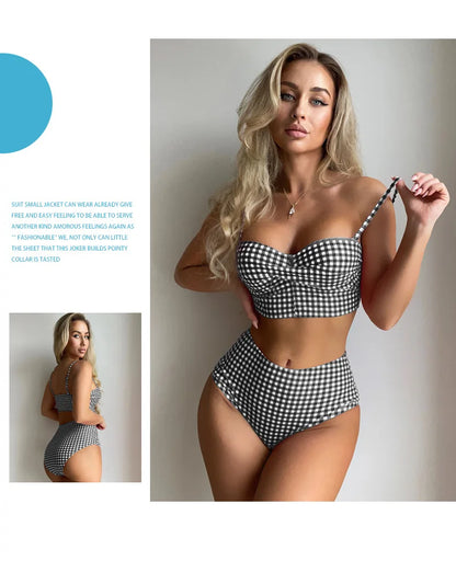 Women Sexy Slim Plaid Two Pieces Swimsuit High Waisted Bikini Swimwear 2024 Bikini Sets Size S-3XL Rose Red/Black/Blue/Sky Blue