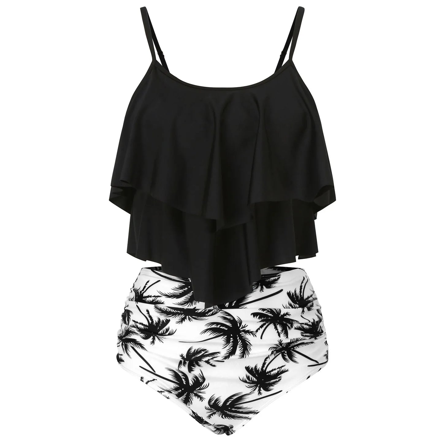 Chic Elegant Bikini Summer Multi-Layer Ruffled Edge Folds Crew Neck Sling Swimwear High Waist Thong Separate Two-Piece Swimsuit