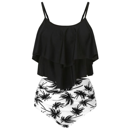 Chic Elegant Bikini Summer Multi-Layer Ruffled Edge Folds Crew Neck Sling Swimwear High Waist Thong Separate Two-Piece Swimsuit