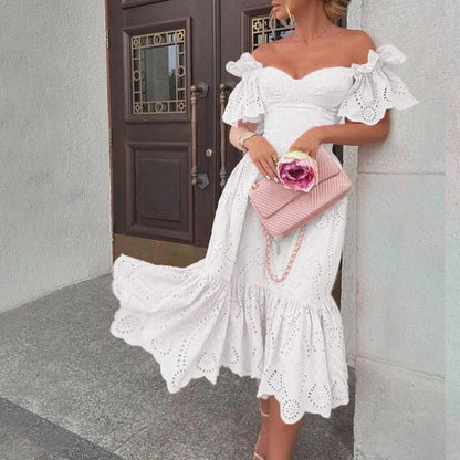 Sexy Off Shoulder Summer Dresses for Women Boho Hollow Out Crochet Ruffled Party Dress White Elegant Formal Vacation Long Dress