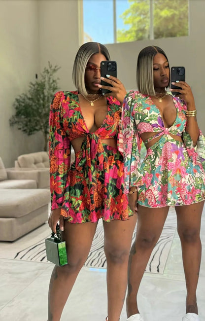 Two Piece Sets Women Skirt Set Print Floral Matching Sets V Neck Flare Sleeve Top Short Skirts Dress Sets Lace Up High Waist