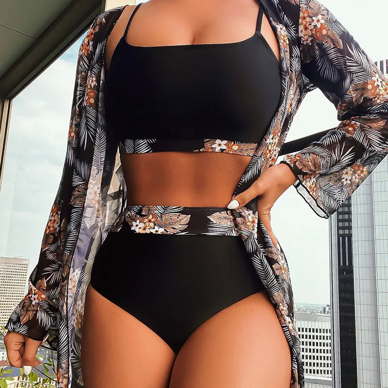 SWELTERING New Sexy High Waist Bikini 3 Piece Set Maple Leaf Printed Swimsuit Women's Bikini Set Split Swimwear Long sleeved Top