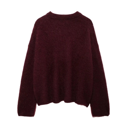 HH Autumn Sweater For Women Fashion Vintage Wine Red Knitted Pullover Long Sleeve O Neck Sweatshirt High Street Knitwear Top