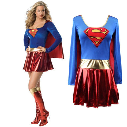 EtherealBe Superwoman dress cosplay costume featuring a blue top and red skirt with iconic logo and cape