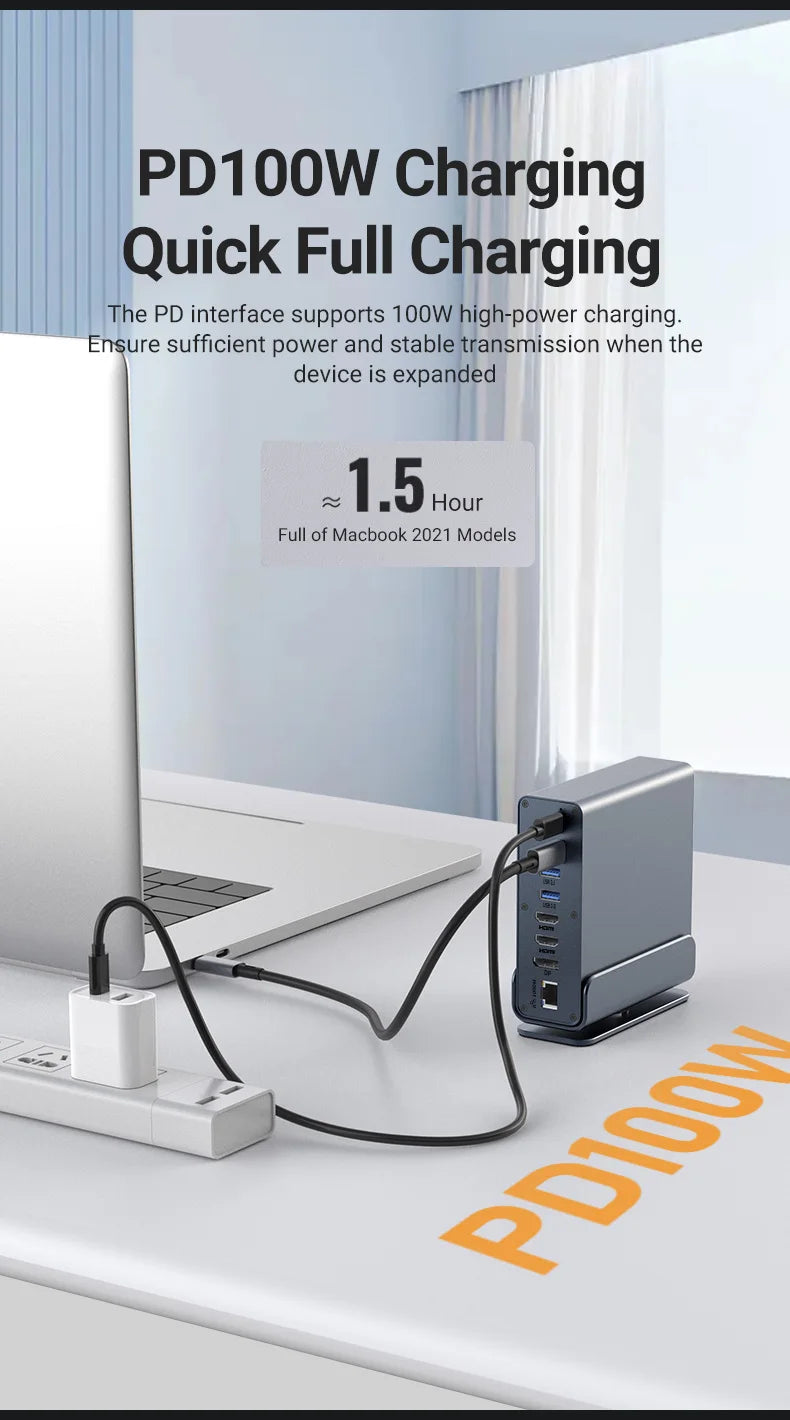 15 In 1 USB-C Docking Station，Type-C 4K60Hz HUB With HDTV*2+PD 100W+USB 2.0/3.0+SD+TF+RJ45 Ethernet+3.5 mm Audio+VGA For Laptop