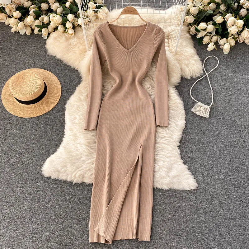 Autumn Winter Sexy High Split Sweater Dress Women Full Sleeve Basic Slim Elastic Bodycon Long Dress Party Vestidos