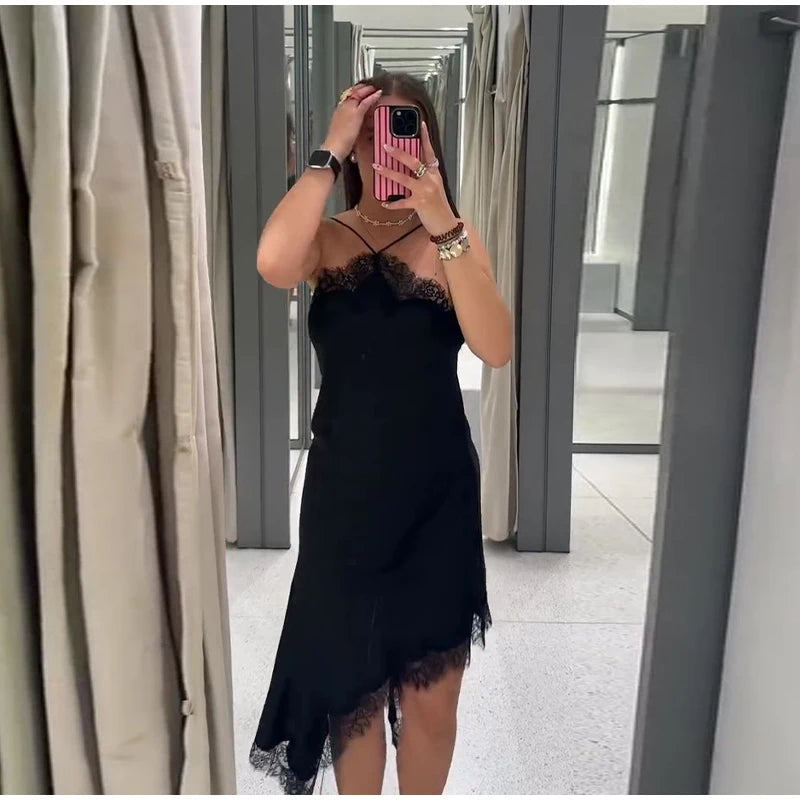 Brown Satin Sexy Lace Spliced Short Sling Dress Women V-neck Sleeveless Backless Asymmetric Party Dresses 2025 Summer Lady Robes