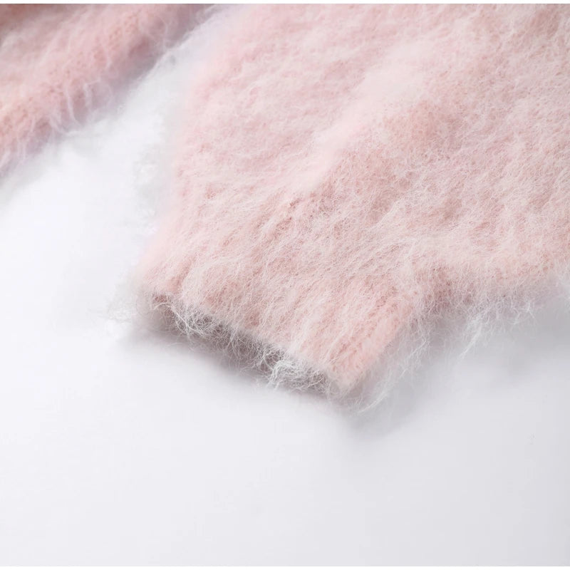Fluffy Mohair Off Shoulder Cropped Sweater Oversize Slouchy Long Sleeve 2025 Autumn Cozy Women Knit Top Trendy Sweet Lady Jumper
