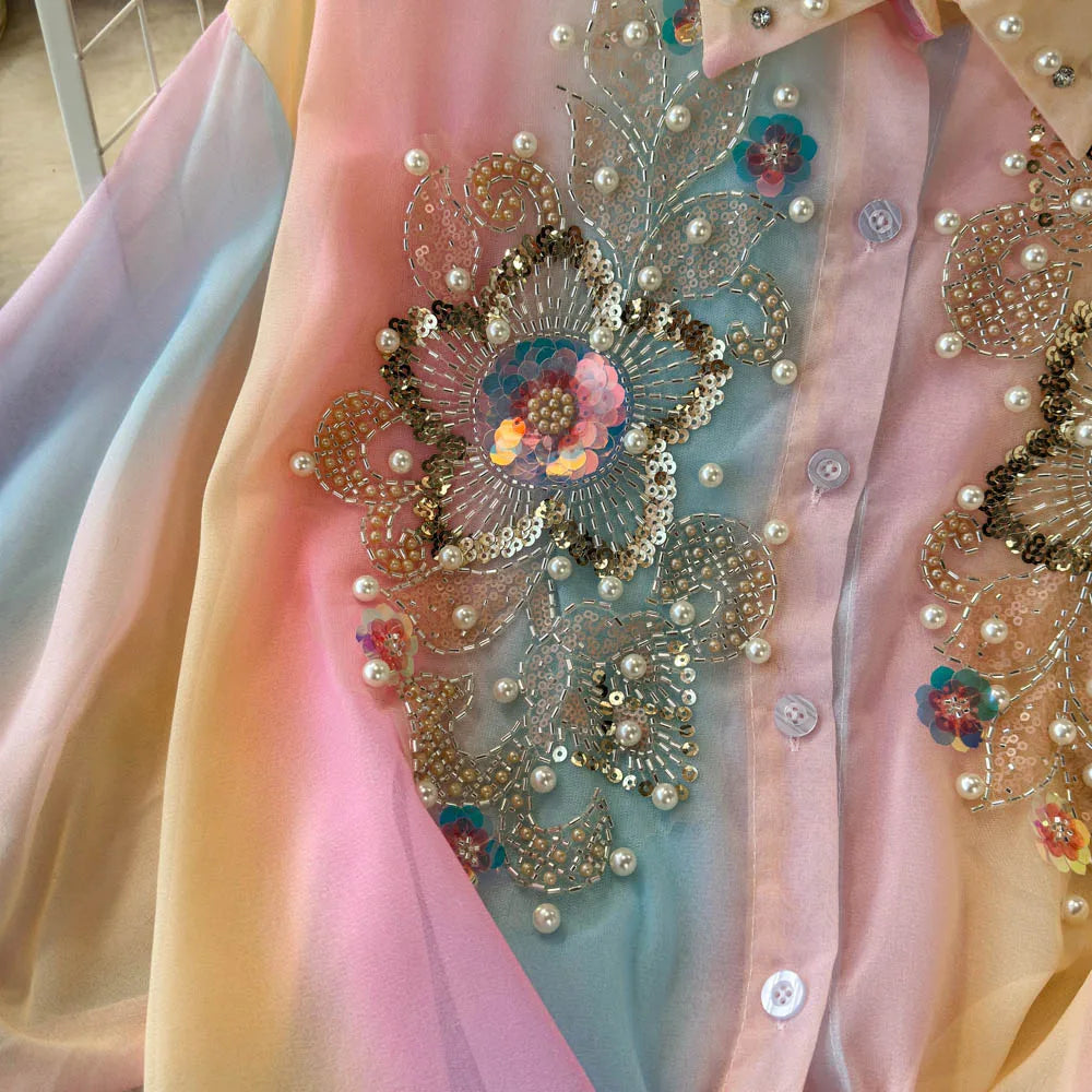 Beads Sequin Flower Blusas Mujer Rainbow Color Shirts & Blouses Lace-up Bow Camisas 2026 Spring Women Clothing Ropa