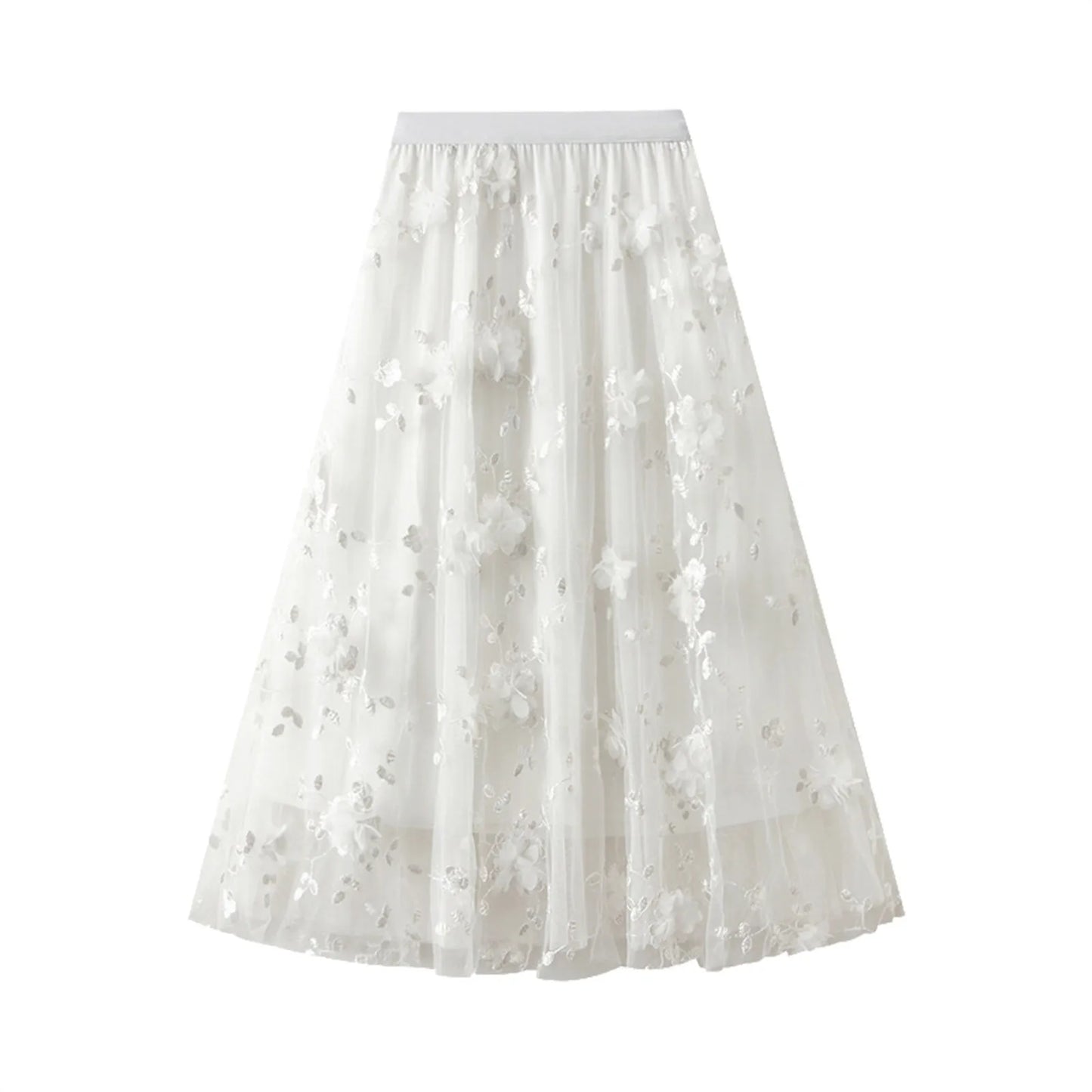 Korean Style Women's Floral Embroidered Mesh Skirt Harajuku High Waist A Line Midi Skirts Elegant Tulle Skirt Faldas Mujer