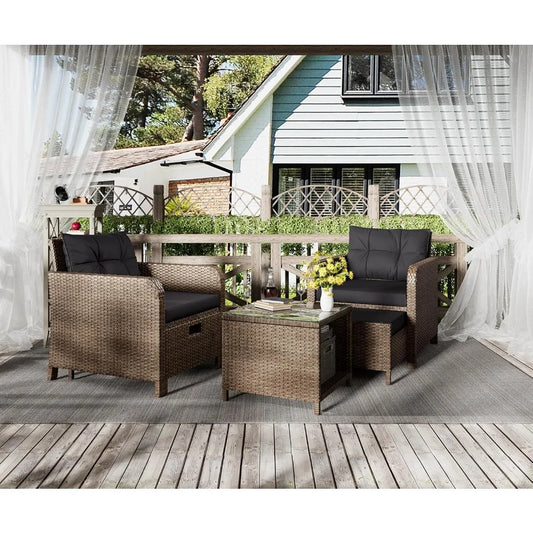 5 Piece Patio Conversation Set, PE Wicker Rattan Outdoor Lounge Chairs with Soft Cushions 2 Ottoman&Glass Table for Porch, Lawn