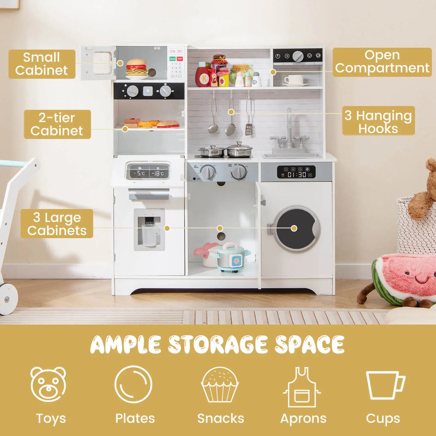 Kids Play Kitchen Toy Set w/ Water Dispenser Sink Faucet Microwave Oven Utensils