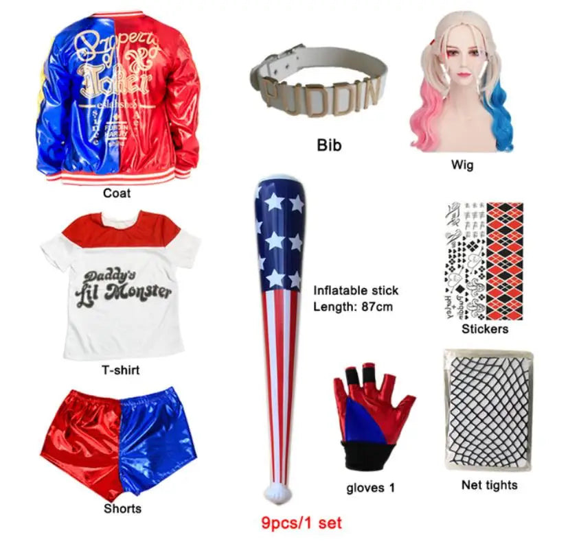 Harley Quinn kids cosplay costume set with jacket, t-shirt, shorts, wig, bat, and accessories