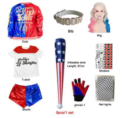 Harley Quinn kids cosplay costume set with jacket, t-shirt, shorts, wig, bat, and accessories