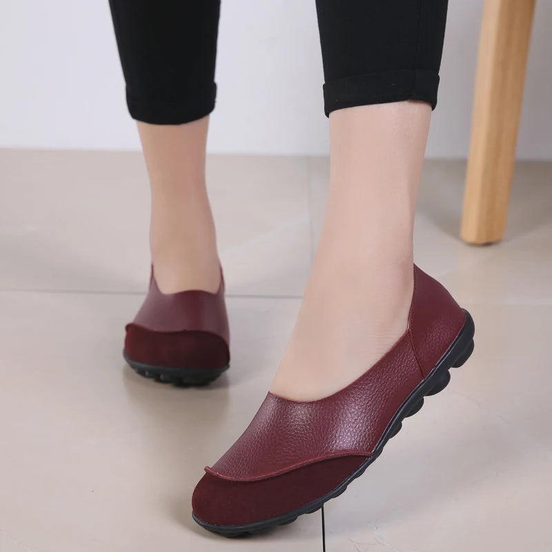 Women's shoes casual flat walking low heel loafers leather solid color large size casual single shoe work shoes44