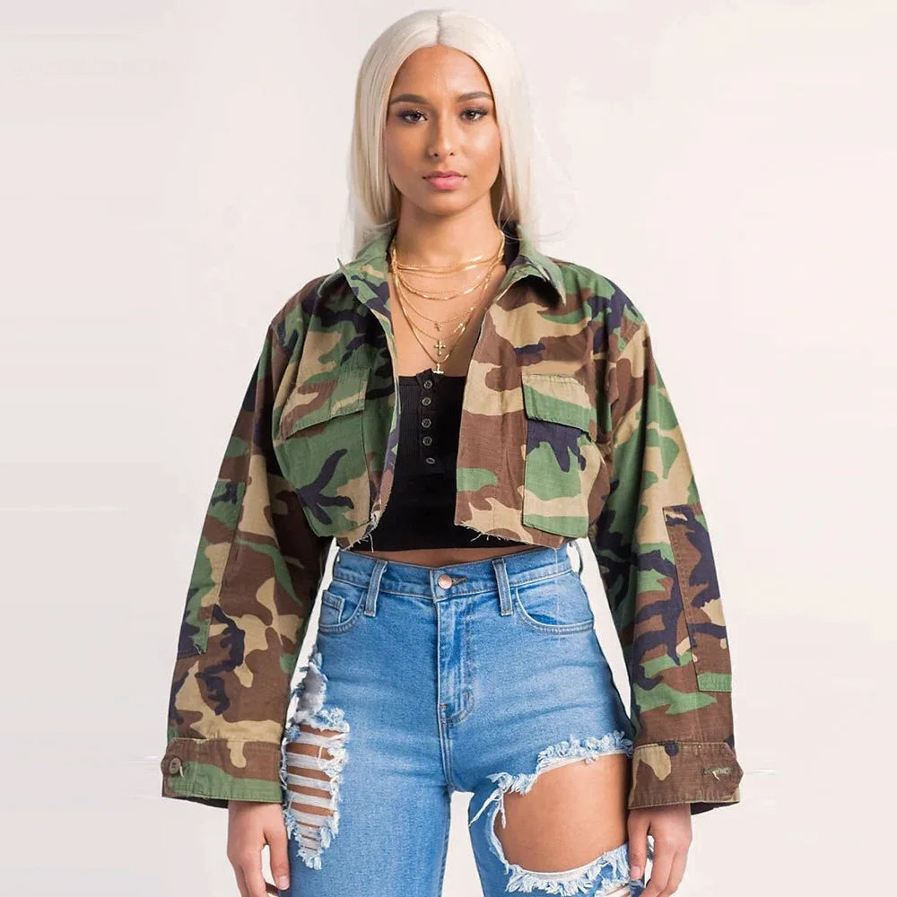 Women's Clothes Coats Casual Fashion Camouflage Print Large Pocket Lapel Long Sleeve Short Jacket for Women