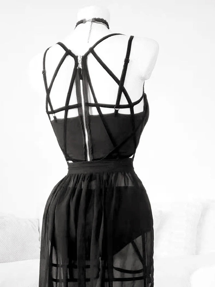 2024 Gothic Club Corsets Sexy Skirt Set See Through Mesh Backless Women Sleeveless Dark Crop Tops Bandage Underpants Skirt 3 pcs