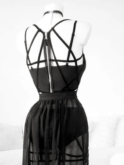 2024 Gothic Club Corsets Sexy Skirt Set See Through Mesh Backless Women Sleeveless Dark Crop Tops Bandage Underpants Skirt 3 pcs