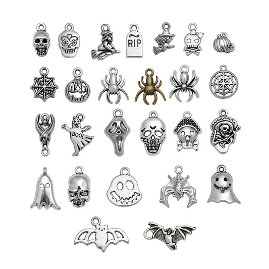 30pcs/lot Antique Witch Wizard Skull Spider Web Bat Boo Charms Halloween Pendant For Diy Jewelry Making Supplies Accessories