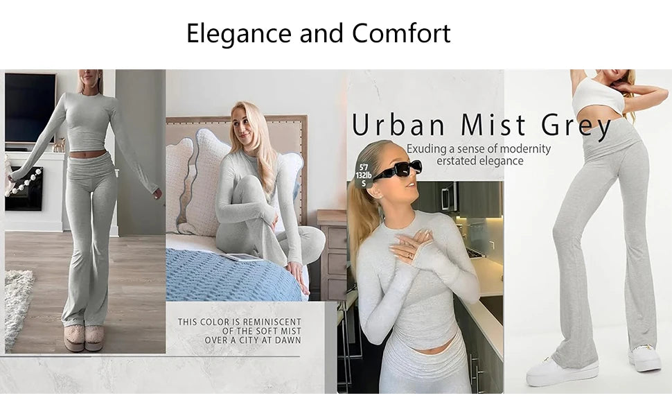 Casual Workout Two Piece Outfits Long Sleeve High Waist Fold-over Flare Flared Leggings Pants Tracksuit Sets Streetwear