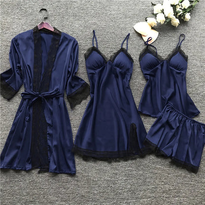 4 Pieces Pajamas Sets Satin Sleepwear Women Silk Nightwear Pyjama Strap Lace Sleep Lounge Pajama with Chest Pads