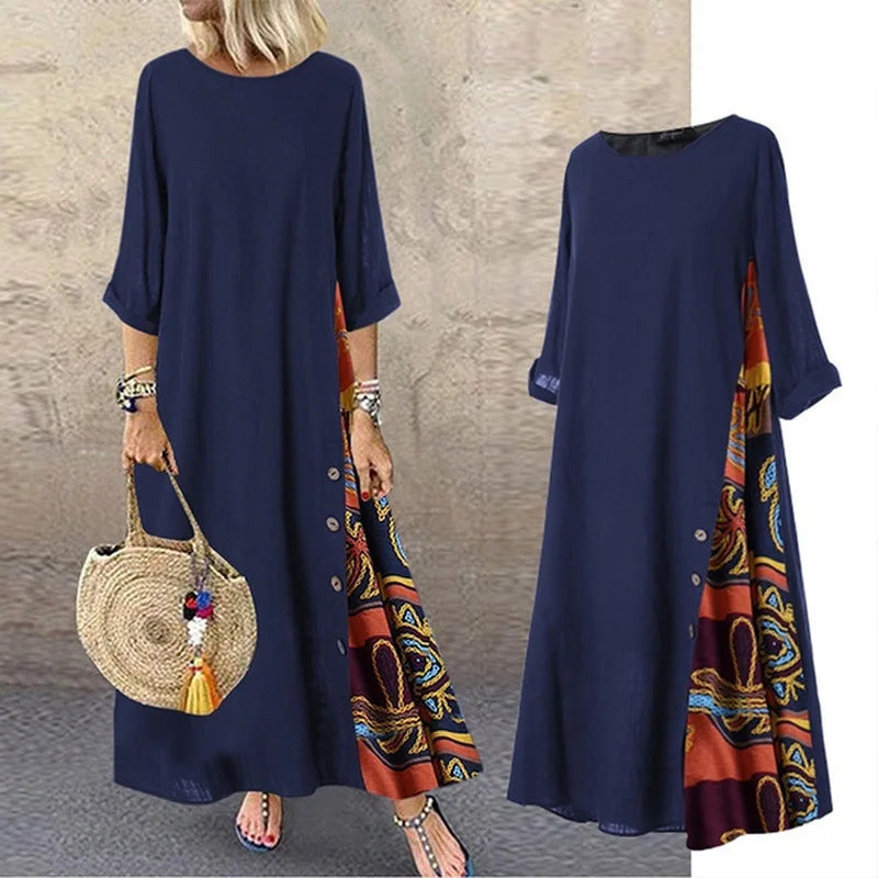 Autumn New Women's Dress Fashion Printed Round Neck Retro Style Patchwork Temperament Commuter Three-quarter Sleeve Long Dress