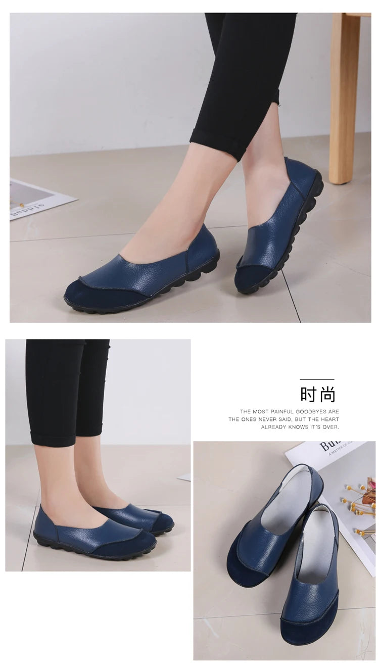 Women's shoes casual flat walking low heel loafers leather solid color large size casual single shoe work shoes44