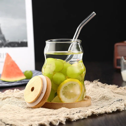 YWDL 500ml Glass Tumblers Cups With Straw Mason Jar Clear Juice Coffee Milk Cup With Bamboo Lids Drinkware Stripe Beer Mug