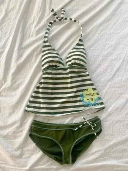 2026 new summer Y2K sexy hanging neck, backless slim fit striped set, beach vacation party, spicy girl, fashion trend suit