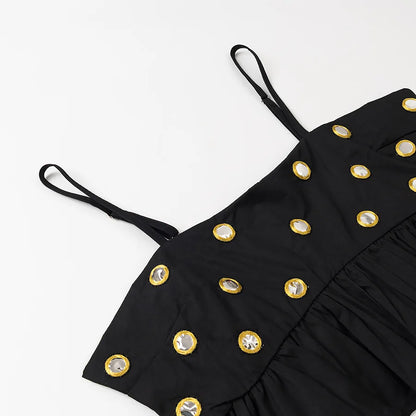 Women's Metal Hollow Pleated Suspender Skirt Two Piece Set Sexy Sleeveless Vest High Waist Mini Skirt Lady Vacation Dress Sets