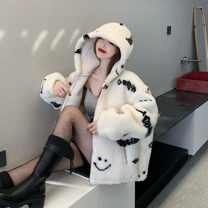 Jackets For Women 2022 Winter Cashmere Chic Printing Hooded Fashion Street Outerwear Sweet Casual College Women's jacket Coat