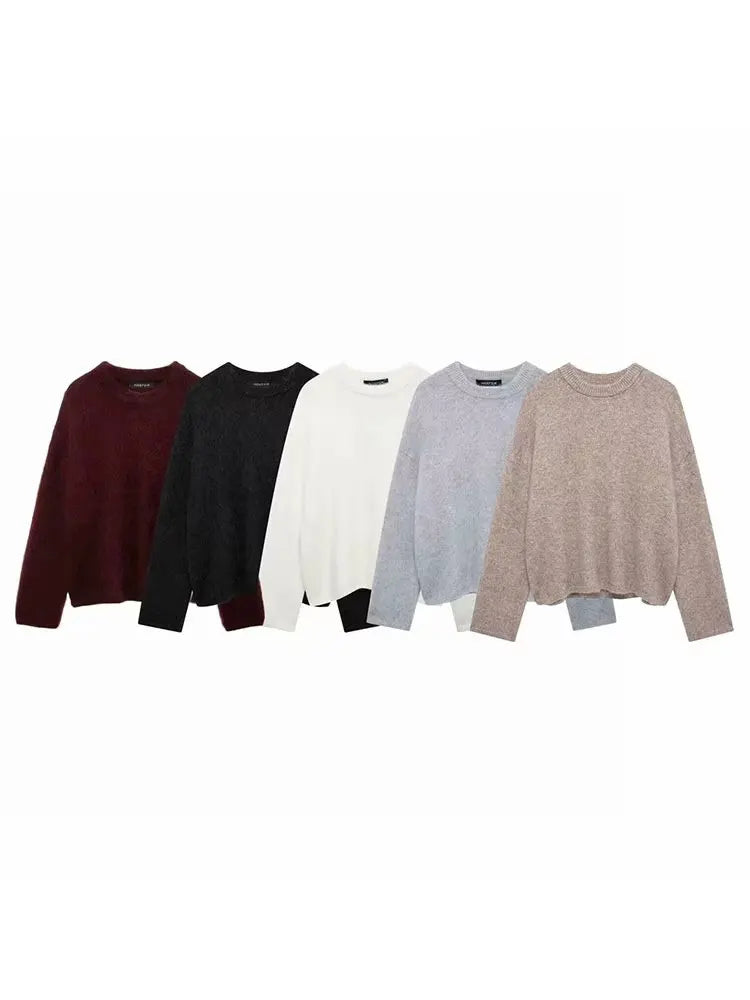 HH Autumn Sweater For Women Fashion Vintage Wine Red Knitted Pullover Long Sleeve O Neck Sweatshirt High Street Knitwear Top