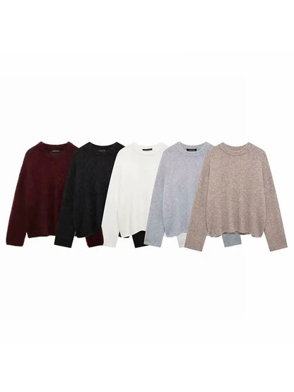 HH Autumn Sweater For Women Fashion Vintage Wine Red Knitted Pullover Long Sleeve O Neck Sweatshirt High Street Knitwear Top