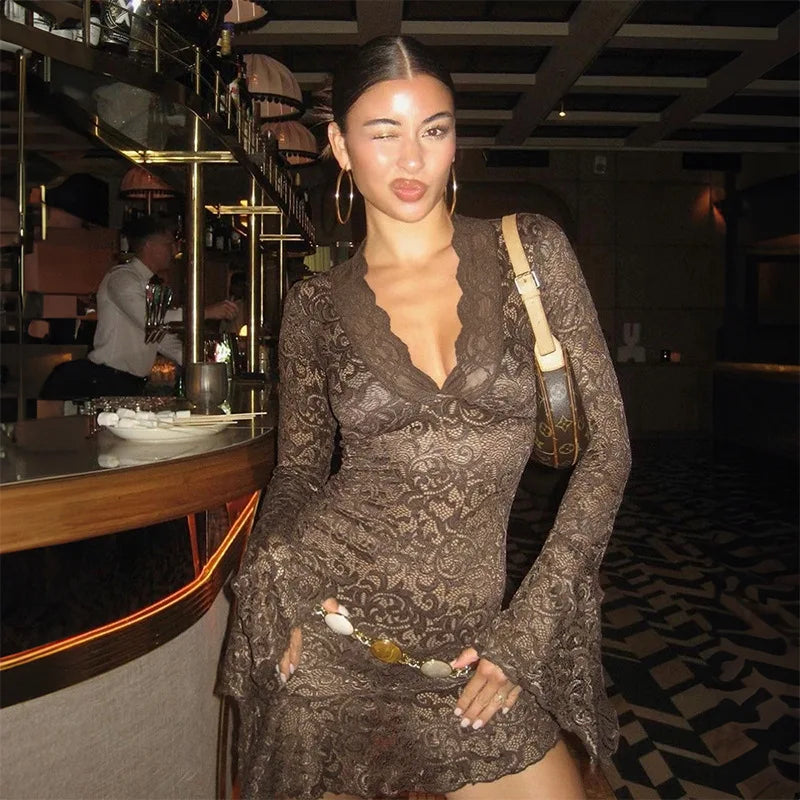 Spring  Sexy V-Neck Lace Dress with Pleated Edge See-through Short Skirt for Women European And American Cross-Border Fashion